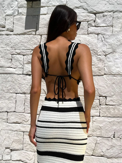 Knitwear 2 Piece-Set Striped Maxi Skirt Female Bustier Bandage And High Waist Long Skirt Sets Fashion Summer Women Outfits