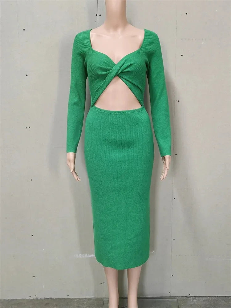 Knitwear Ribbed Hollow Out Long Dress – Women’s Twist Long Sleeve Patchwork Maxi Dress