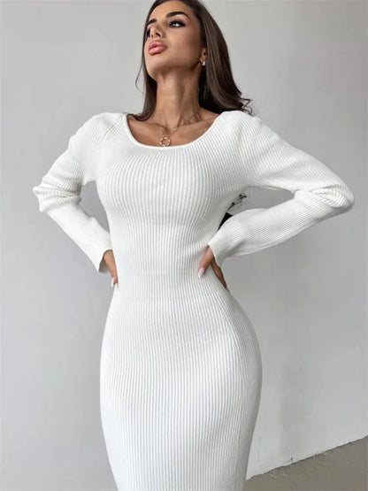 Knitwear Ribbed Hollow Out Long Dress – Women’s Twist Long Sleeve Patchwork Maxi Dress