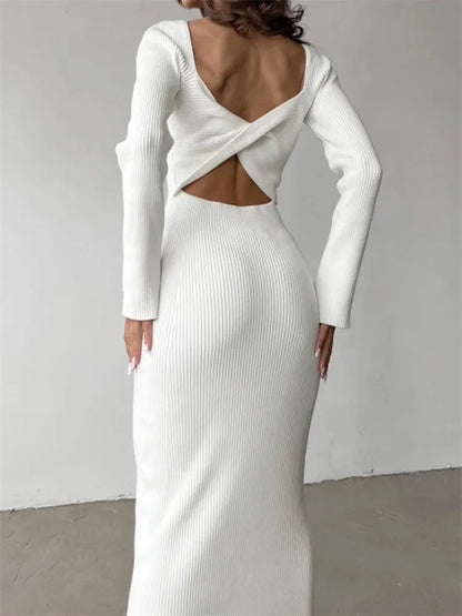 Knitwear Ribbed Hollow Out Long Dress – Women’s Twist Long Sleeve Patchwork Maxi Dress