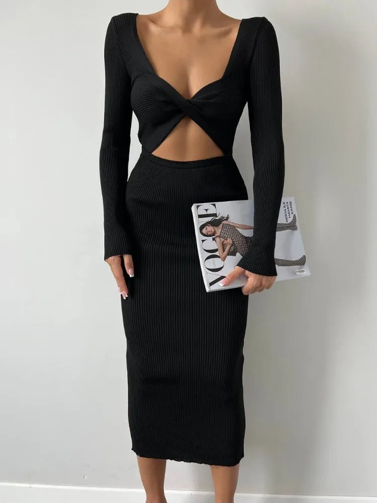 Knitwear Ribbed Hollow Out Long Dress – Women’s Twist Long Sleeve Patchwork Maxi Dress