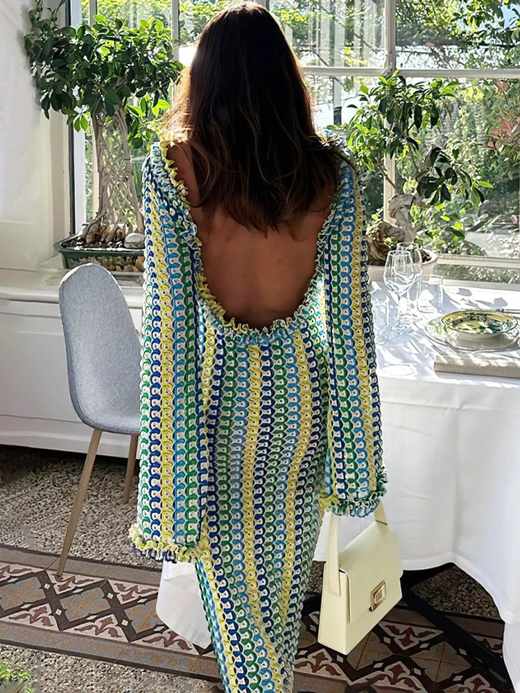 Lace Beach Holiday Long Dress Backless Female Hollow Out Patchwork Elegant Loose Contrast Party Dress Women Maxi Dress