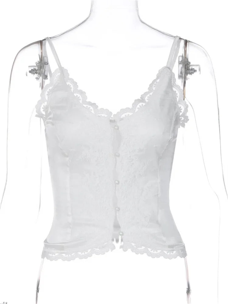 Lace Casual Female Camisole Y2k Top V-Neck High Waist Streetwear White Backless Patchwork See-Through Women Tank Top Vest