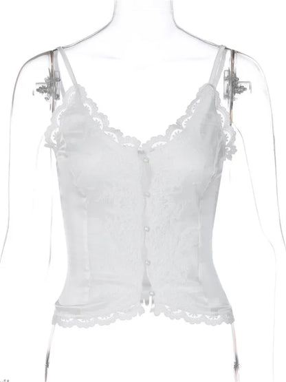 Lace Casual Female Camisole Y2k Top V-Neck High Waist Streetwear White Backless Patchwork See-Through Women Tank Top Vest