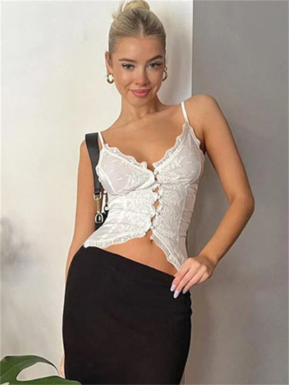 Lace Casual Female Camisole Y2k Top V-Neck High Waist Streetwear White Backless Patchwork See-Through Women Tank Top Vest