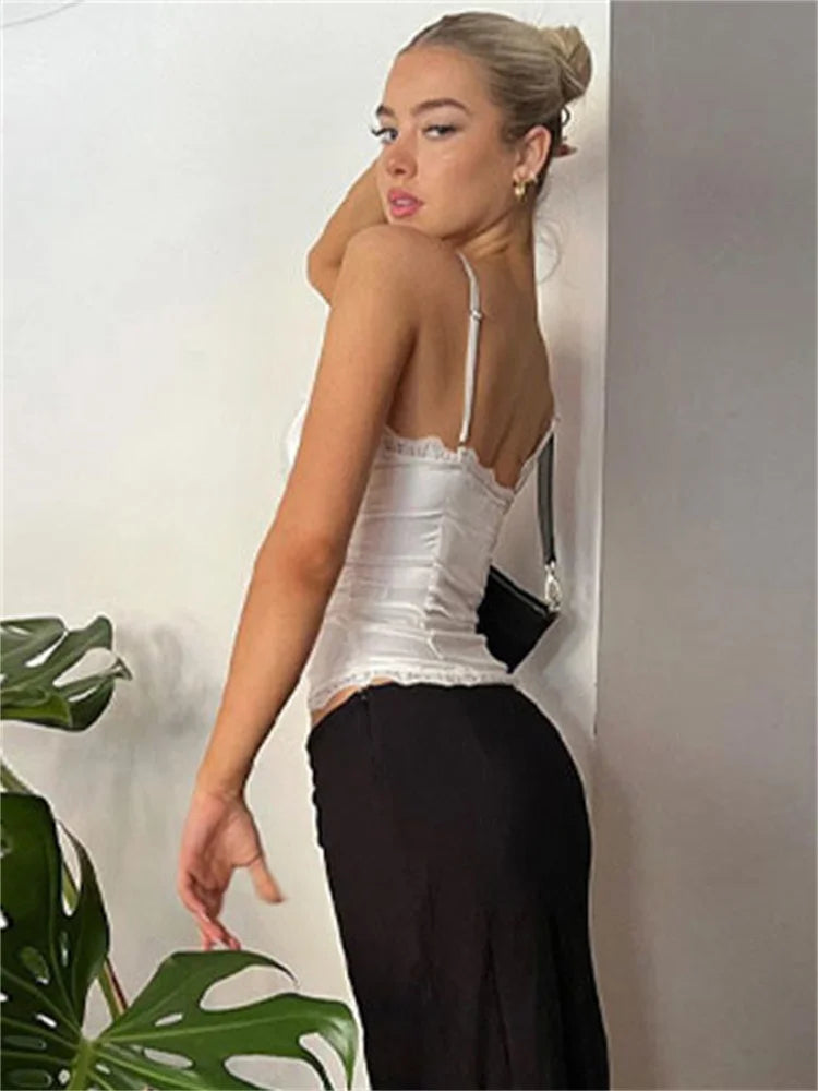 Lace Casual Female Camisole Y2k Top V-Neck High Waist Streetwear White Backless Patchwork See-Through Women Tank Top Vest