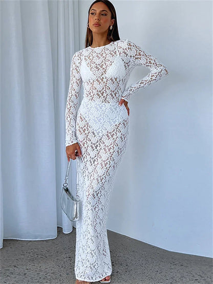 Lace See-Through Printed Long Dress Female Hollow Out Slim High Waist Solid Dress Sexy Club Clothes Ladies Maxi Dress 2025