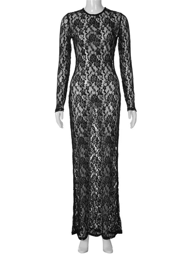Lace See-Through Printed Long Dress Female Hollow Out Slim High Waist Solid Dress Sexy Club Clothes Ladies Maxi Dress 2025