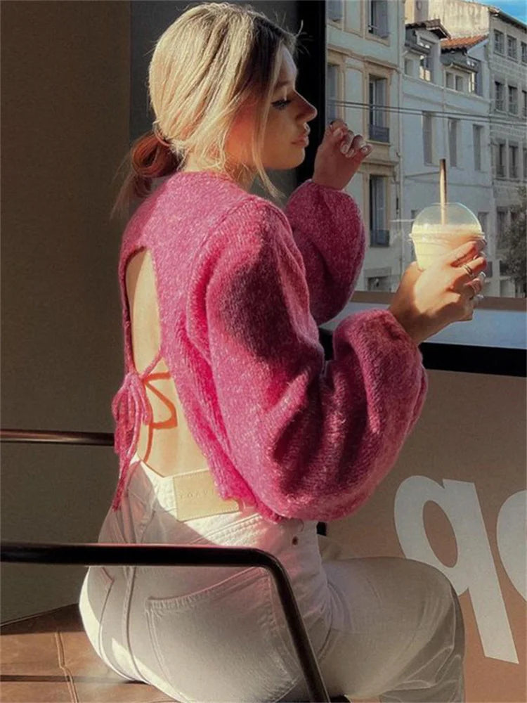 Lace-Up Backless Sweater Pullover For Women Sexy Long Sleeve Fashion Turtleneck Loose Bandage High Street Camisola Top