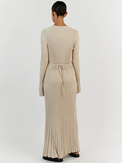 Lace-Up Female Knit Maxi Dress – Autumn High Waist Fashion Patchwork Long Sleeve Solid Bandage Knitwear Dress