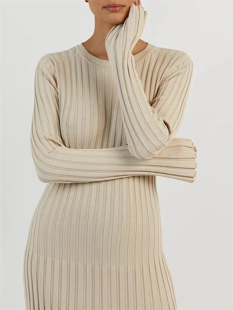 Lace-Up Female Knit Maxi Dress – Autumn High Waist Fashion Patchwork Long Sleeve Solid Bandage Knitwear Dress