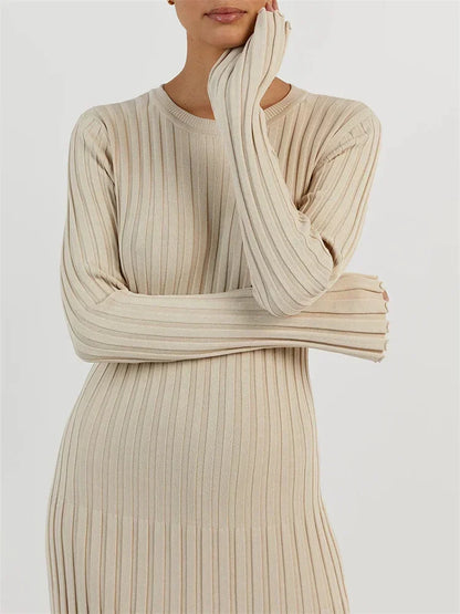 Lace-Up Female Knit Maxi Dress – Autumn High Waist Fashion Patchwork Long Sleeve Solid Bandage Knitwear Dress