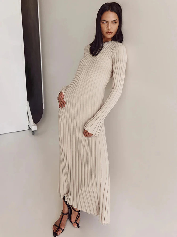 Lace-Up Female Knit Maxi Dress – Autumn High Waist Fashion Patchwork Long Sleeve Solid Bandage Knitwear Dress