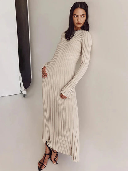 Lace-Up Female Knit Maxi Dress – Autumn High Waist Fashion Patchwork Long Sleeve Solid Bandage Knitwear Dress
