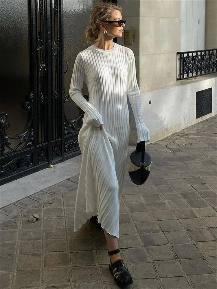 Lace-Up Female Knit Maxi Dress – Autumn High Waist Fashion Patchwork Long Sleeve Solid Bandage Knitwear Dress