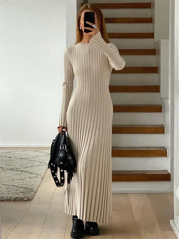 Lace-Up Female Knit Maxi Dress – Autumn High Waist Fashion Patchwork Long Sleeve Solid Bandage Knitwear Dress