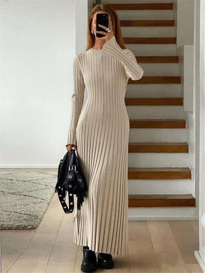 Lace-Up Female Knit Maxi Dress – Autumn High Waist Fashion Patchwork Long Sleeve Solid Bandage Knitwear Dress