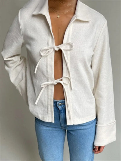 Lace-Up Hollow Out Lapel Cardigan Coat Women High Waist Patchwork Slim Bandage Outwear Clothes
