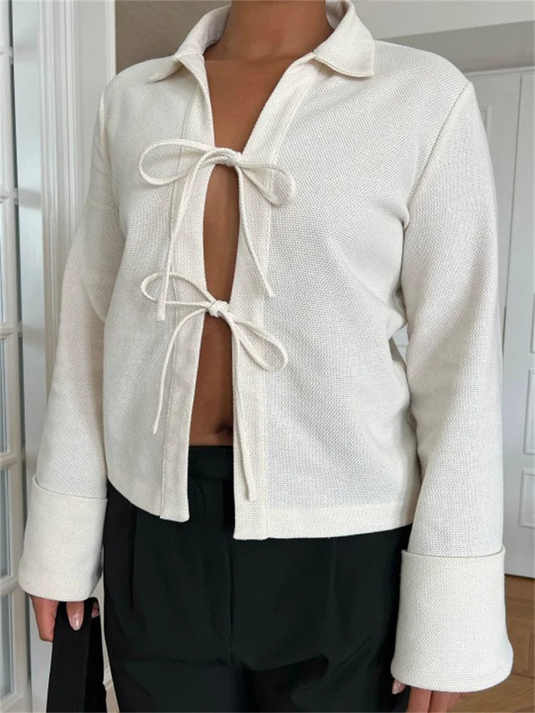 Lace-Up Hollow Out Lapel Cardigan Coat Women High Waist Patchwork Slim Bandage Outwear Clothes