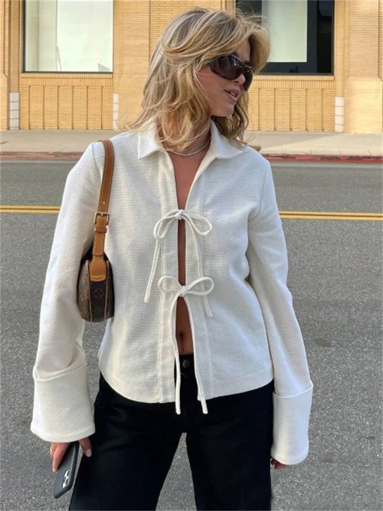Lace-Up Hollow Out Lapel Cardigan Coat Women High Waist Patchwork Slim Bandage Outwear Clothes