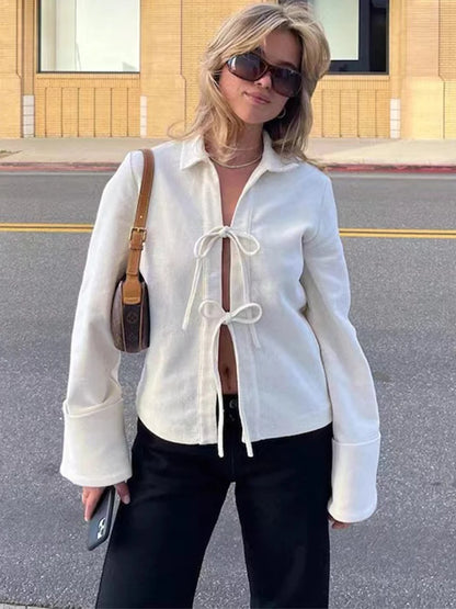 Lace-Up Hollow Out Lapel Cardigan Coat Women High Waist Patchwork Slim Bandage Outwear Clothes