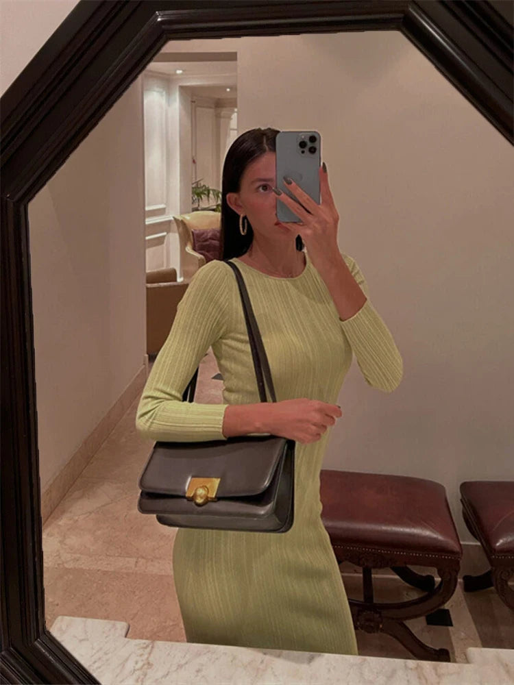 Long Sleeve Slim Knit Maxi Dress For Women High Waist Casual Fashion Elegant Party Dress Skinny Summer Female Dress 2025