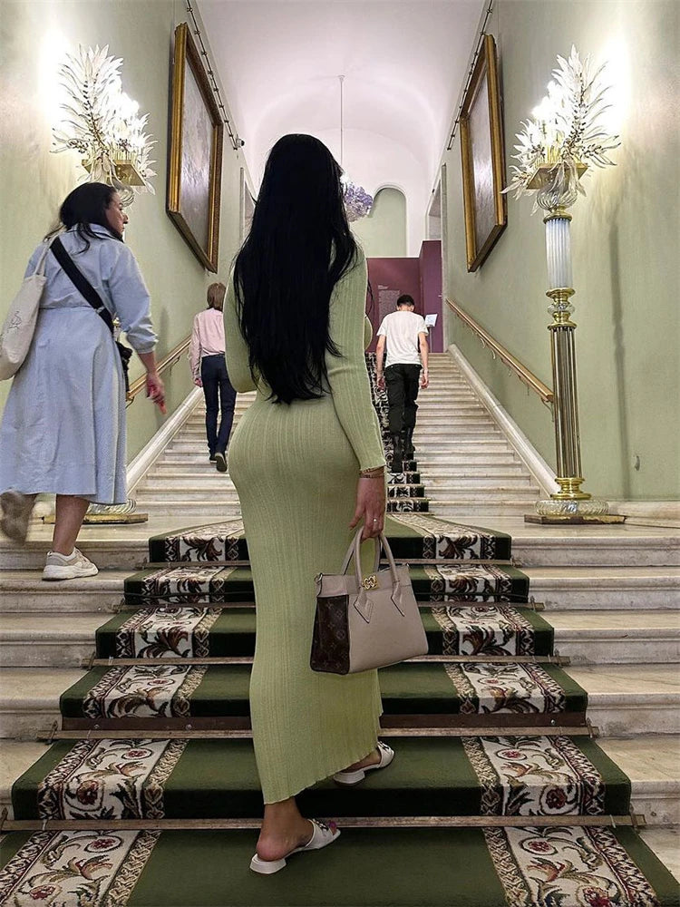 Long Sleeve Slim Knit Maxi Dress For Women High Waist Casual Fashion Elegant Party Dress Skinny Summer Female Dress 2025