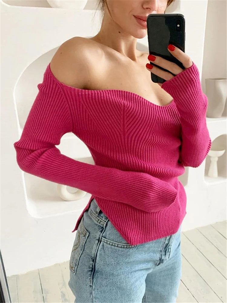 Long Sleeve Sweater 2025 Autumn Women Knit Ribbed Top Ladies Casual Knitted Tops Pullover Off-Shoulder Knitwear Black