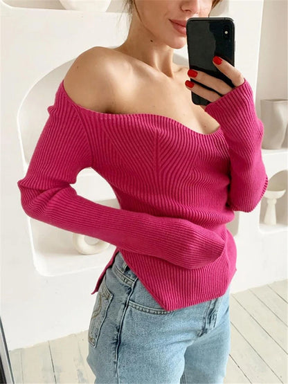 Long Sleeve Sweater 2025 Autumn Women Knit Ribbed Top Ladies Casual Knitted Tops Pullover Off-Shoulder Knitwear Black