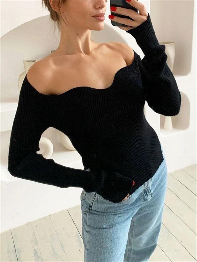 Long Sleeve Sweater 2025 Autumn Women Knit Ribbed Top Ladies Casual Knitted Tops Pullover Off-Shoulder Knitwear Black