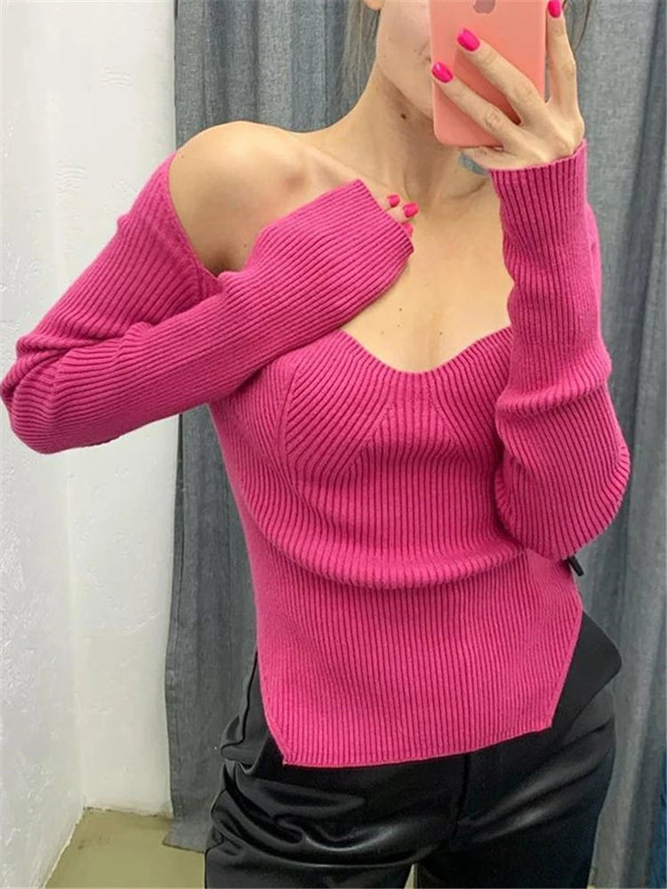 Long Sleeve Sweater 2025 Autumn Women Knit Ribbed Top Ladies Casual Knitted Tops Pullover Off-Shoulder Knitwear Black