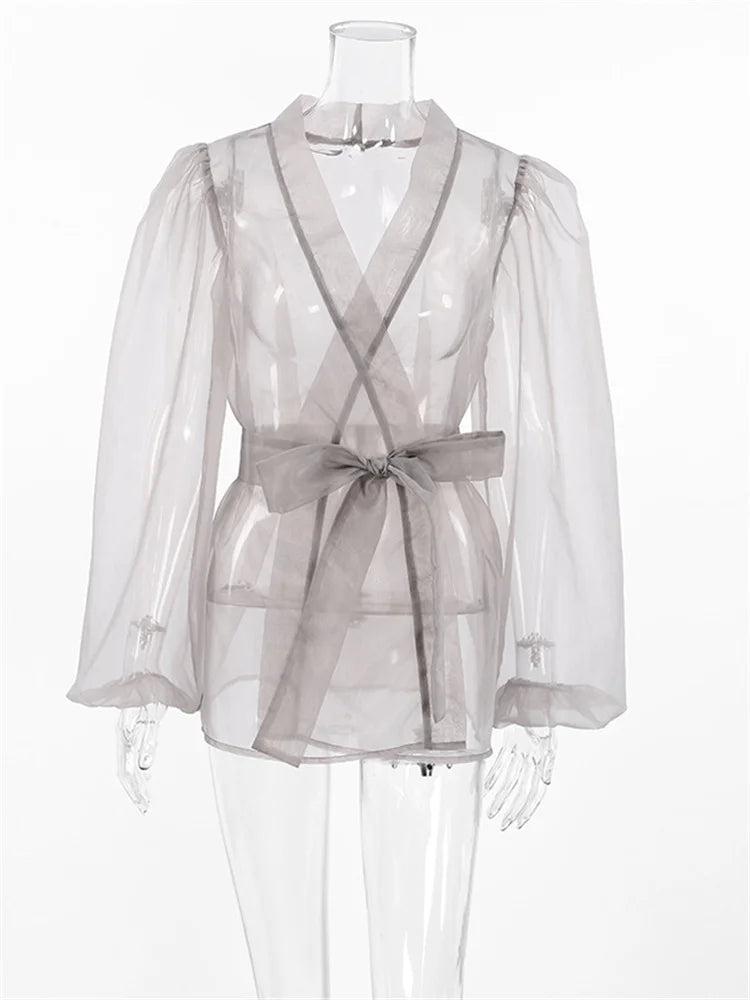 Mesh Holiday Cover up Shirt Women V-Neck Lace-Up Beach Outwear Summer Cover up