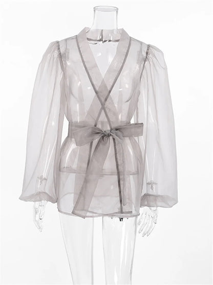 Mesh Holiday Cover up Shirt Women V-Neck Lace-Up Beach Outwear Summer Cover up