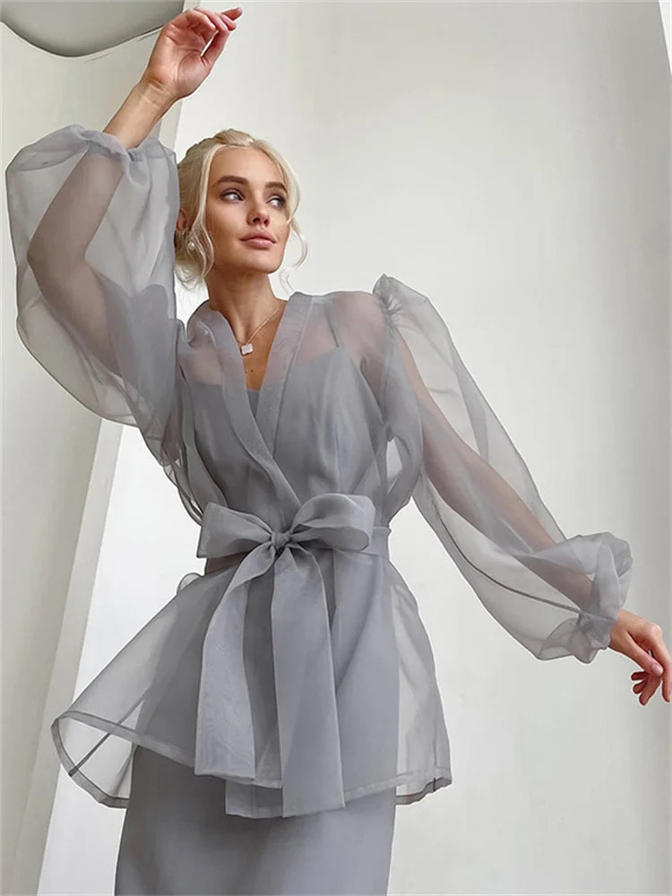 Mesh Holiday Cover up Shirt Women V-Neck Lace-Up Beach Outwear Summer Cover up