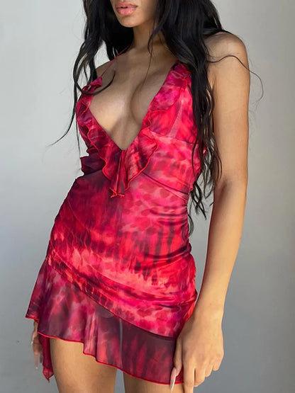 New Halter Neck Printed Dress For Women Hollow Backless Sexy Irregular Female Chiffon Folds Fungus Mini Dress Fashion 2025