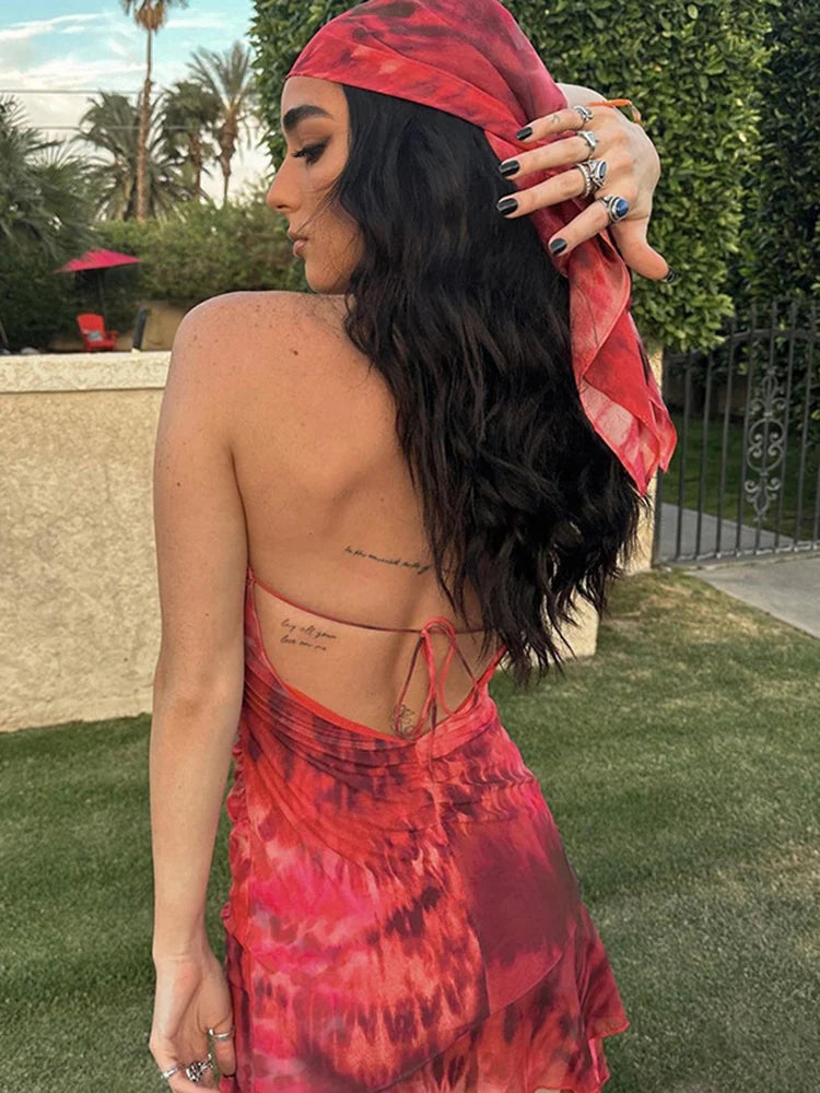 New Halter Neck Printed Dress For Women Hollow Backless Sexy Irregular Female Chiffon Folds Fungus Mini Dress Fashion 2025
