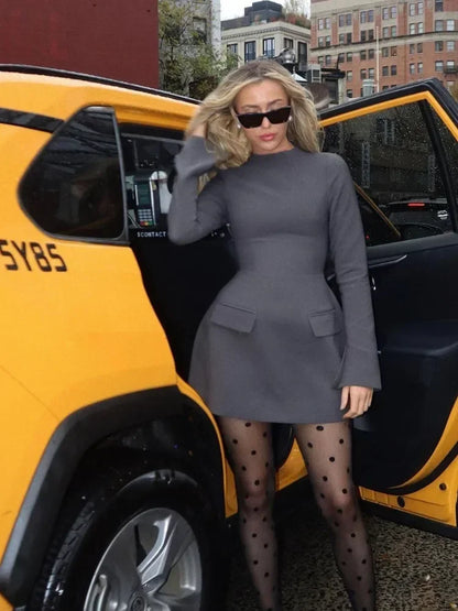 Patchwork Long Sleeve Fashion Mini Dress For Women High Waist Fashion Patchwork Streetwear Female Elegant Slim Dress 2025