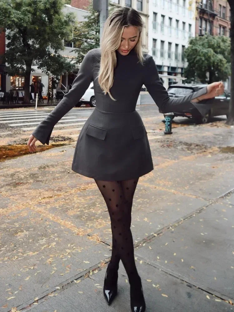 Patchwork Long Sleeve Fashion Mini Dress For Women High Waist Fashion Patchwork Streetwear Female Elegant Slim Dress 2025