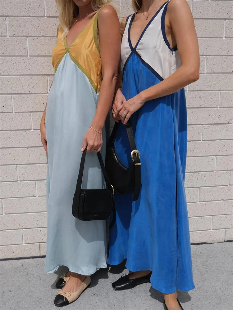 Patchwork V-Neck Strapless Maxi Dress – Sleeveless Spring Fashion Party Dress