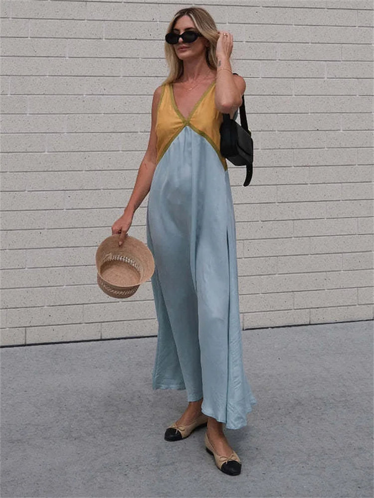 Patchwork V-Neck Strapless Maxi Dress – Sleeveless Spring Fashion Party Dress