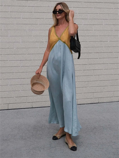 Patchwork V-Neck Strapless Maxi Dress – Sleeveless Spring Fashion Party Dress