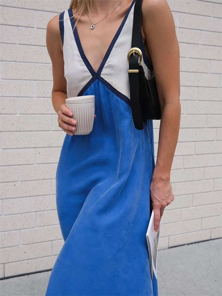Patchwork V-Neck Strapless Maxi Dress – Sleeveless Spring Fashion Party Dress