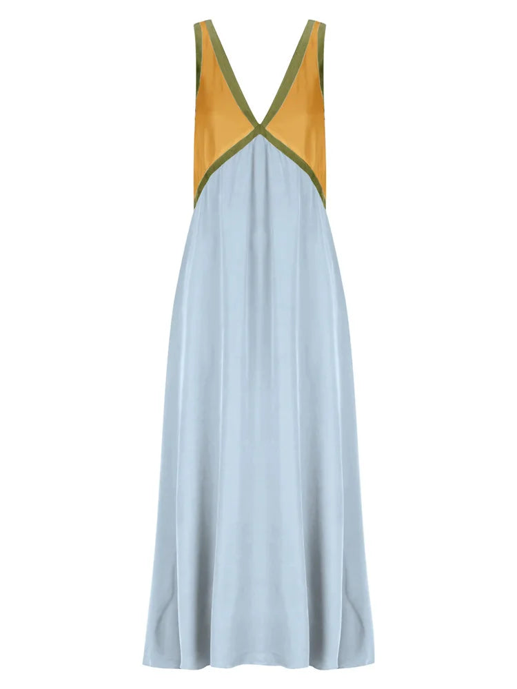 Patchwork V-Neck Strapless Maxi Dress – Sleeveless Spring Fashion Party Dress