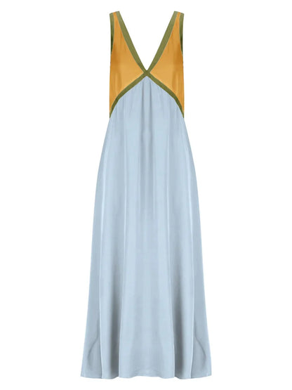 Patchwork V-Neck Strapless Maxi Dress – Sleeveless Spring Fashion Party Dress