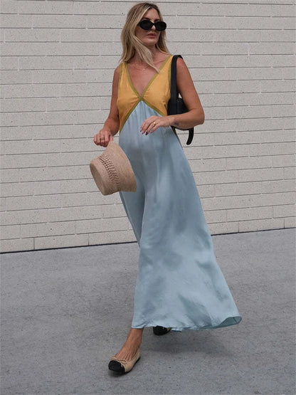 Patchwork V-Neck Strapless Maxi Dress – Sleeveless Spring Fashion Party Dress