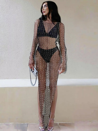 Pearls See-Through Long Sleeve Cover-Ups Holiday Beach Diamond Decoration Women Beach dress Elegant Split Solid Cover-Ups