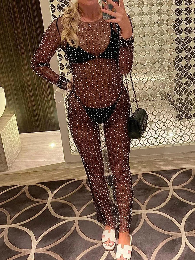 Pearls See-Through Long Sleeve Cover-Ups Holiday Beach Diamond Decoration Women Beach dress Elegant Split Solid Cover-Ups