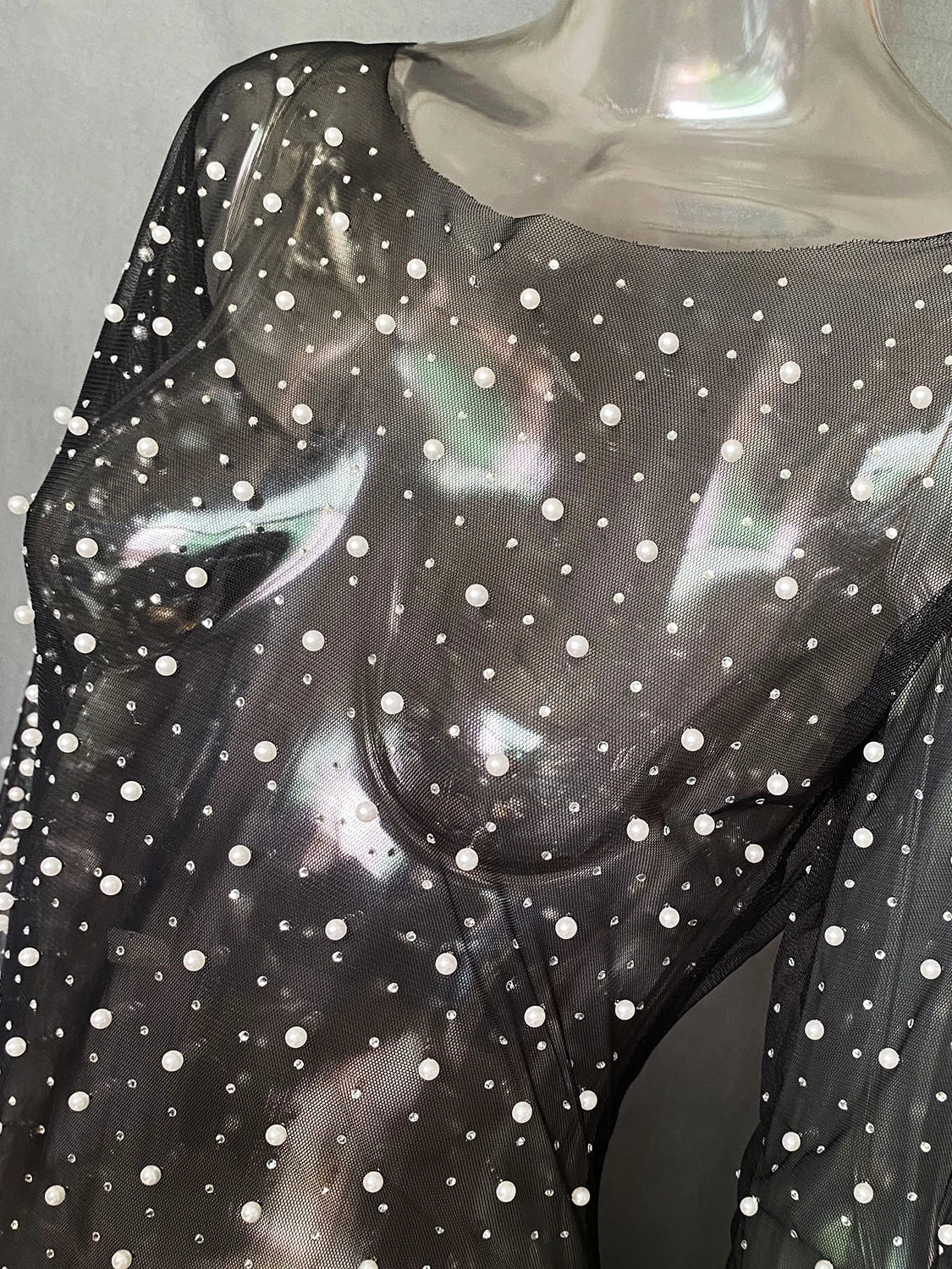 Pearls See-Through Long Sleeve Cover-Ups Holiday Beach Diamond Decoration Women Beach dress Elegant Split Solid Cover-Ups