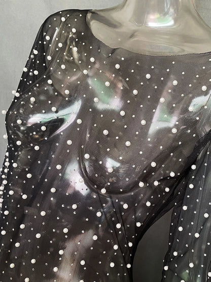 Pearls See-Through Long Sleeve Cover-Ups Holiday Beach Diamond Decoration Women Beach dress Elegant Split Solid Cover-Ups