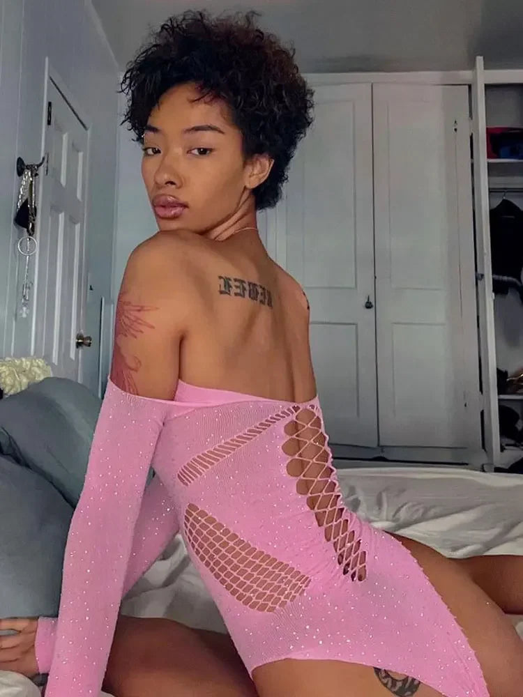 Pink Lace Off-Shoulder Bodysuit Top – Sexy Hollow Out Mesh Sheer Nightclub Lingerie